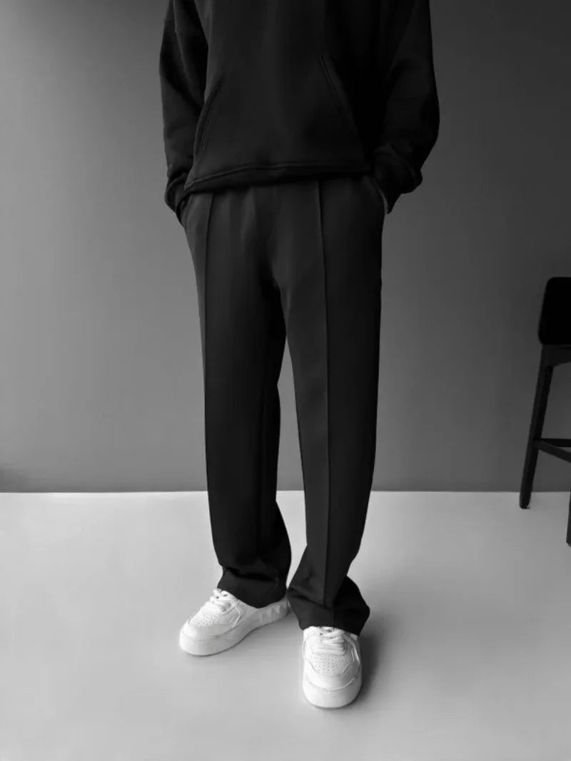 New men's casual pants, stylish and comfortable elastic waist/drawstring single-line pleated solid color pocket mops pants