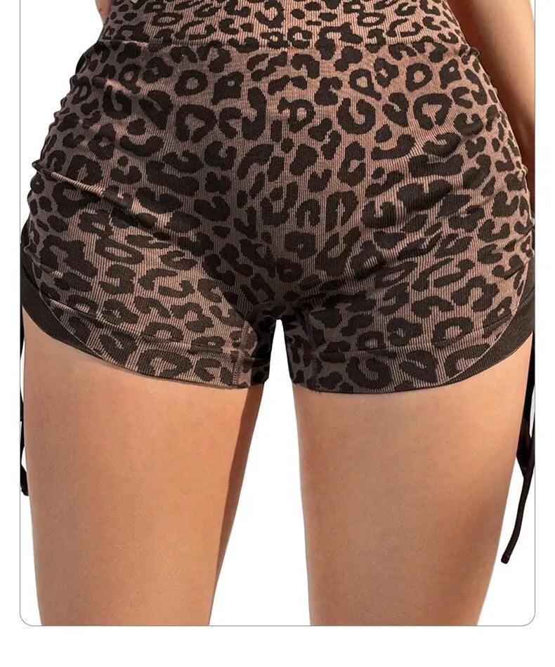 Women High Waist Yoga Shorts Side Drawstring Sexy Leopard Print/Sports Shorts Gym Athletic Running Leggings Workout Shorts