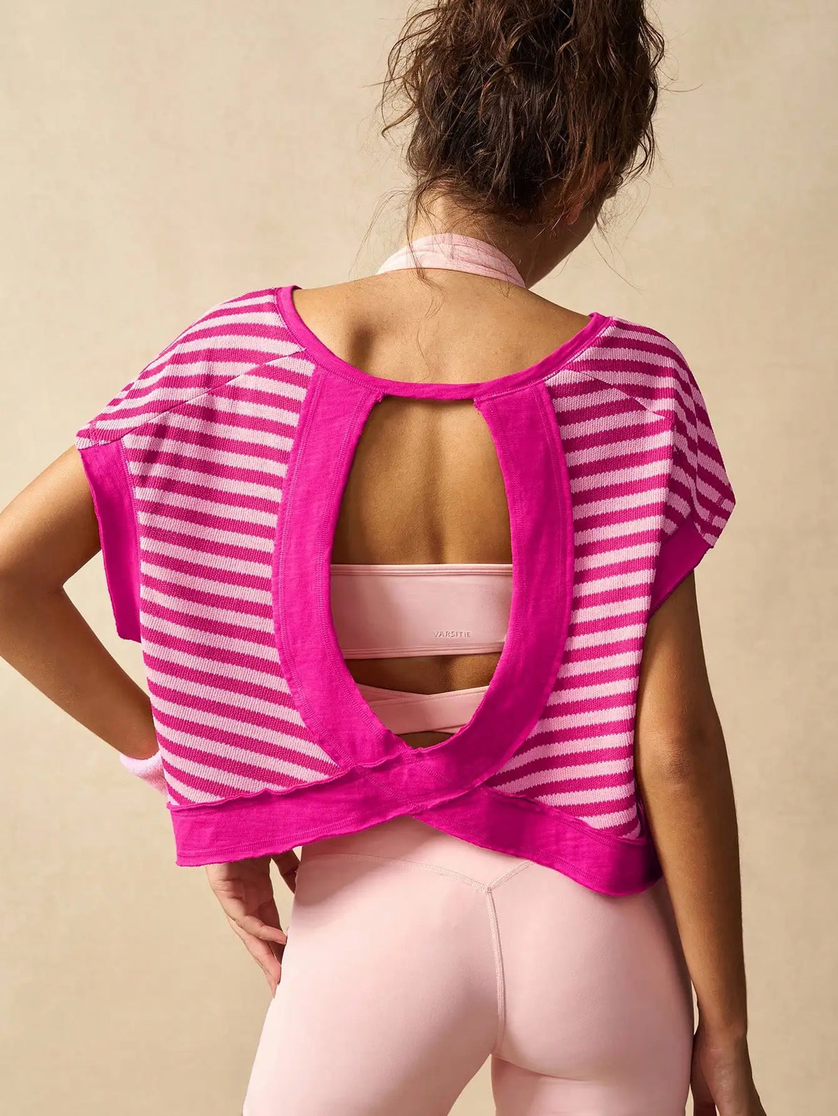 Women Striped Open Back Workout/Top Gym Crop Top Summer Active Wear Shirts