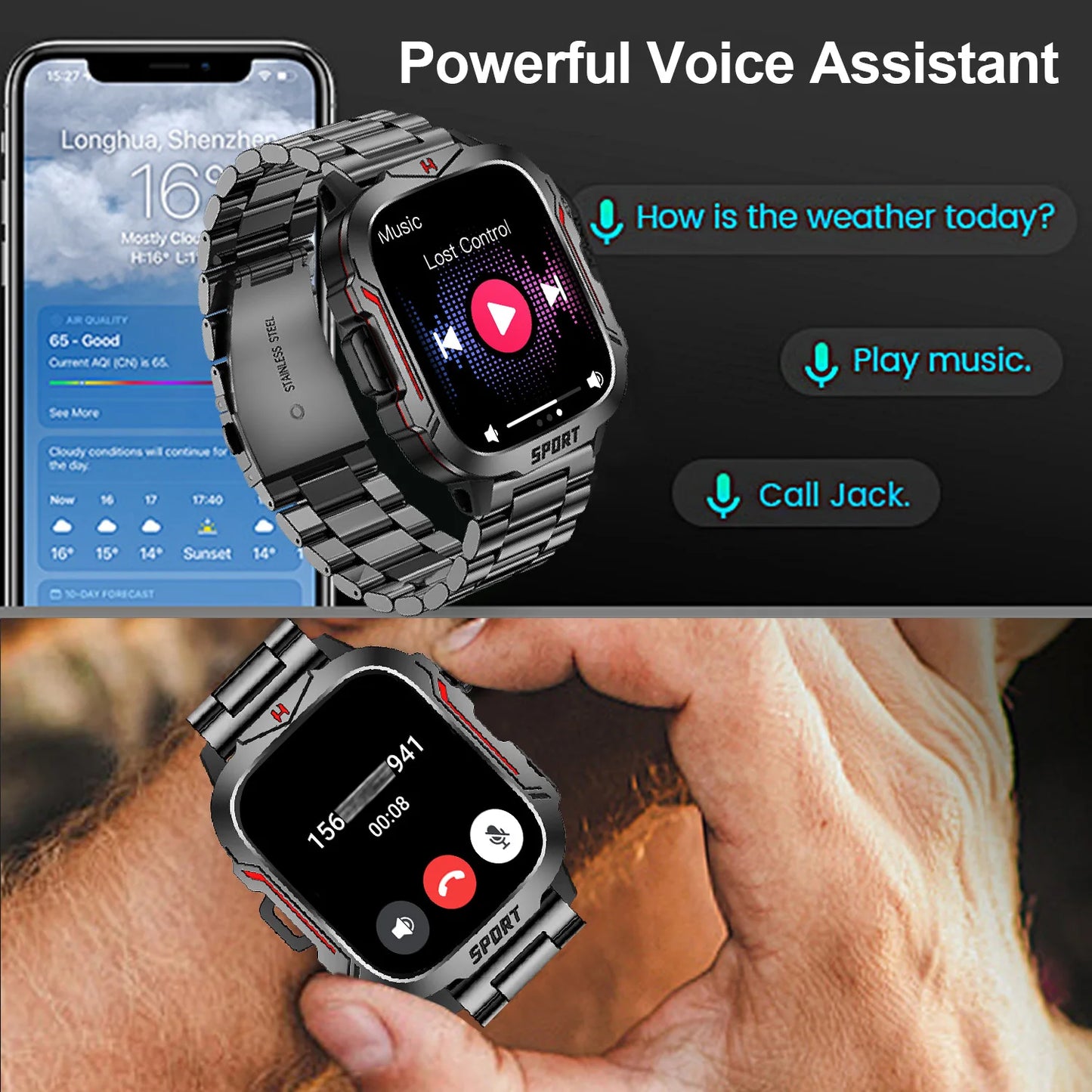 Strong Flashlight Smart Watch for Men/Women, 1.96'' Screen Fitness Tracker/with AI Voice Assistant/ Bluetooth Call/ 100+Sports
