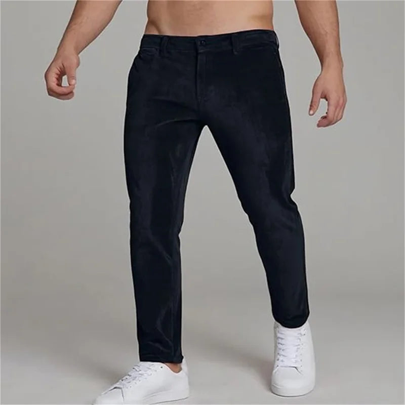 Men s Stylish  Fit Corduroy Trousers Mid Rise Solid Color/Casual Tapered Pants Long Straight Leg Pants