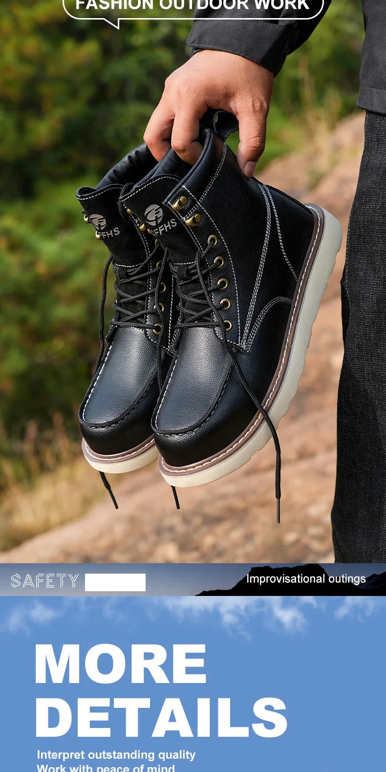 Two layer cowhide men's anti-smash/anti-puncture high top work safety shoes