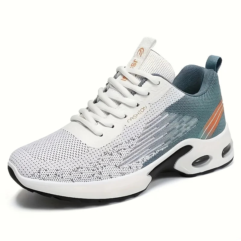 Men Breathable Flying Woven Mesh Running Shoes Cushion Air Sole/Shock Absorbing Athletic Sneakers, Lightweight Lace Up Non Slip Shoes