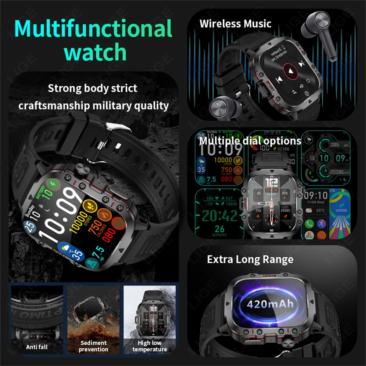 LIGE New Smart Watch 1.96 Inch Screen 420 Bluetooth Call/Watch Sports Fitness Waterproof Smartwatch For Men