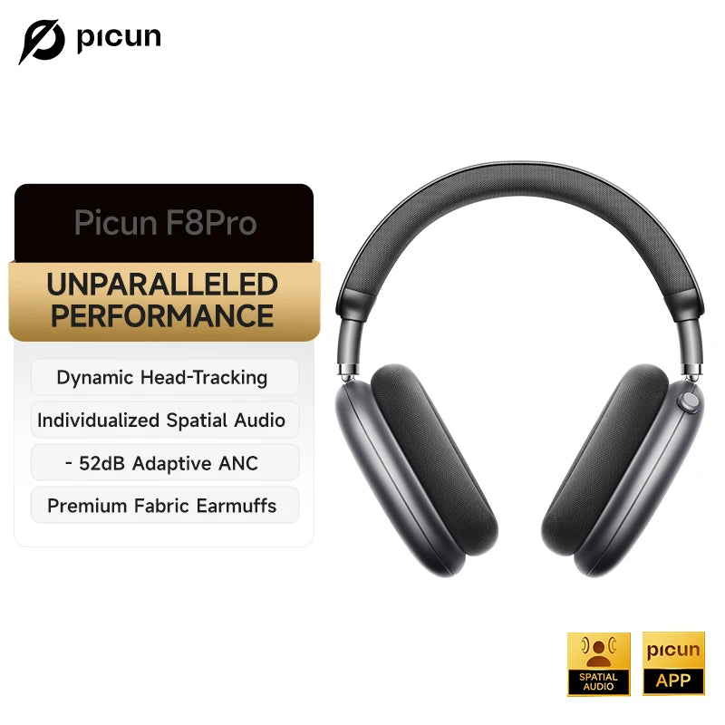 Picun F8 Pro ANC Wireless Headphones 3D Spatial Audio Head Tracking/52dB ANC HIFI Bluetooth Headset ENC HD Mic Low-Latency APP