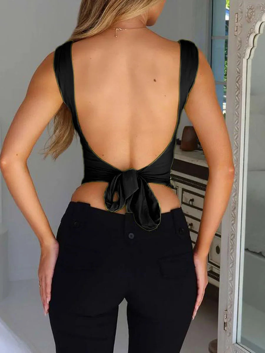 Women Solid Color Camisoles V-Neck Sleeveless Tie-Up/Backless Tank Tops Summer Vests Tops Streetwear