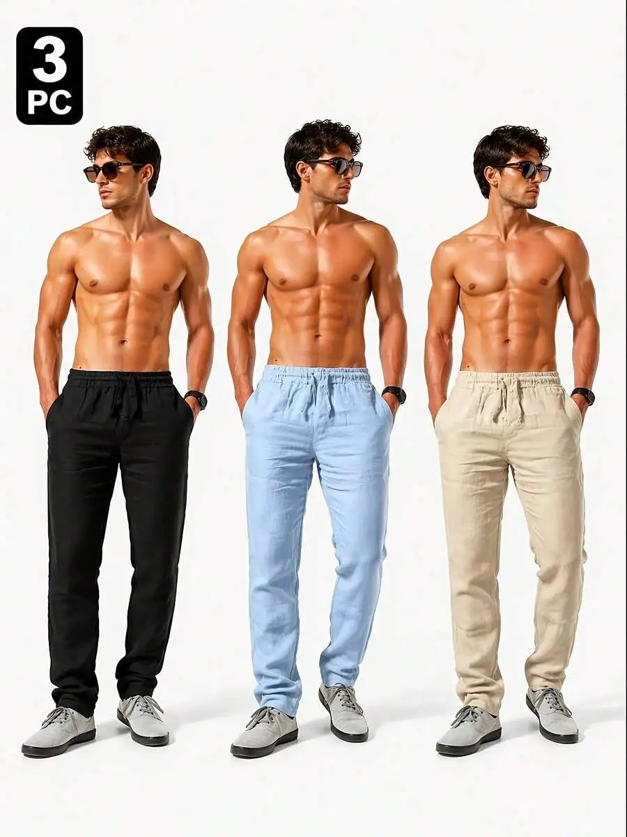 3pcs Men's Casual Summer Pants, Lightweight Breathable/Drawstring Trousers Loose Fit Solid Color Pants For Daily Wear