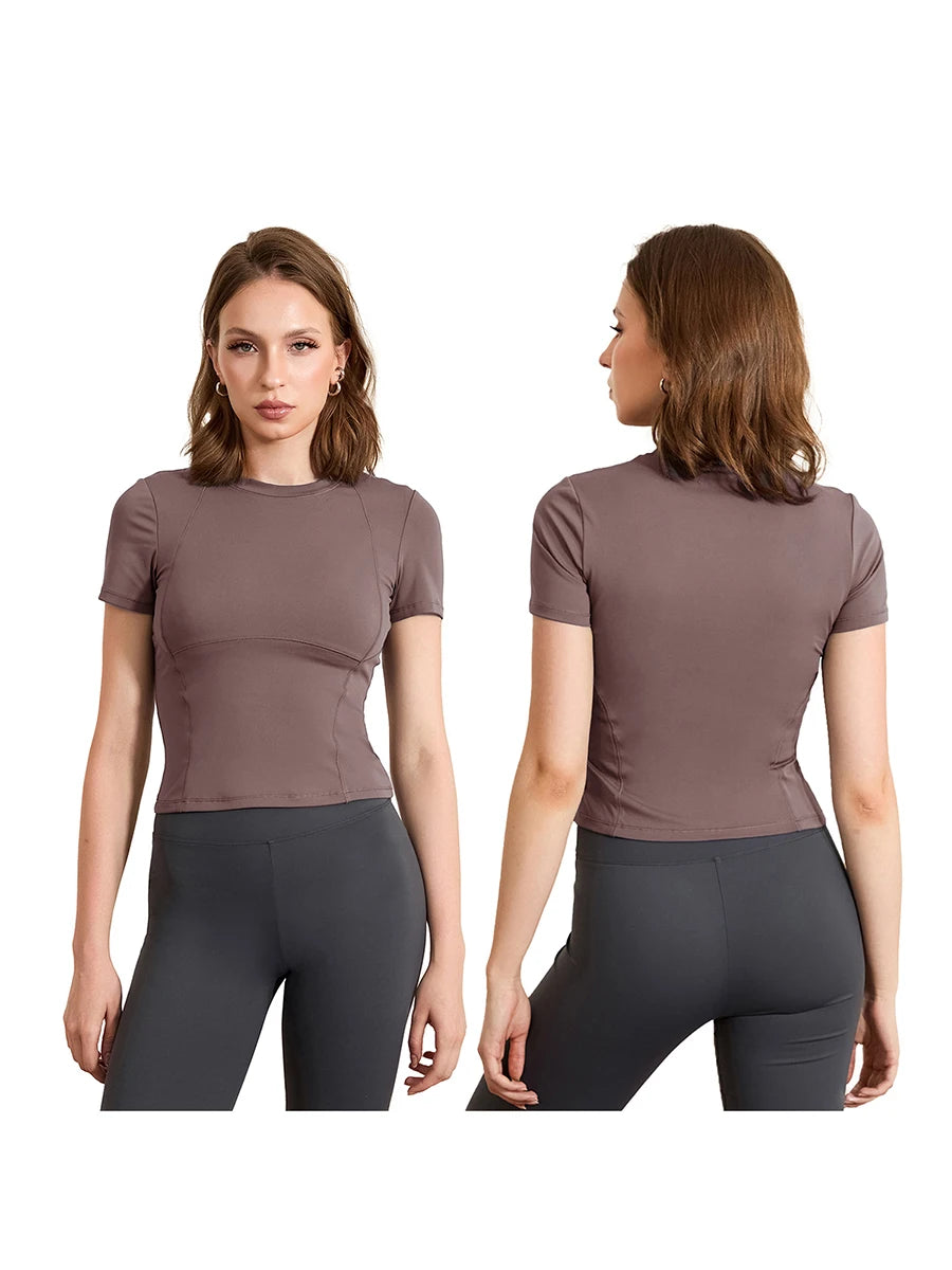 Women Bottoming Shirt Fitness Yoga T-Shirts Round Neck Running/Tank Tops Short Sleeve Seamless Workout Tops Gym Clothes