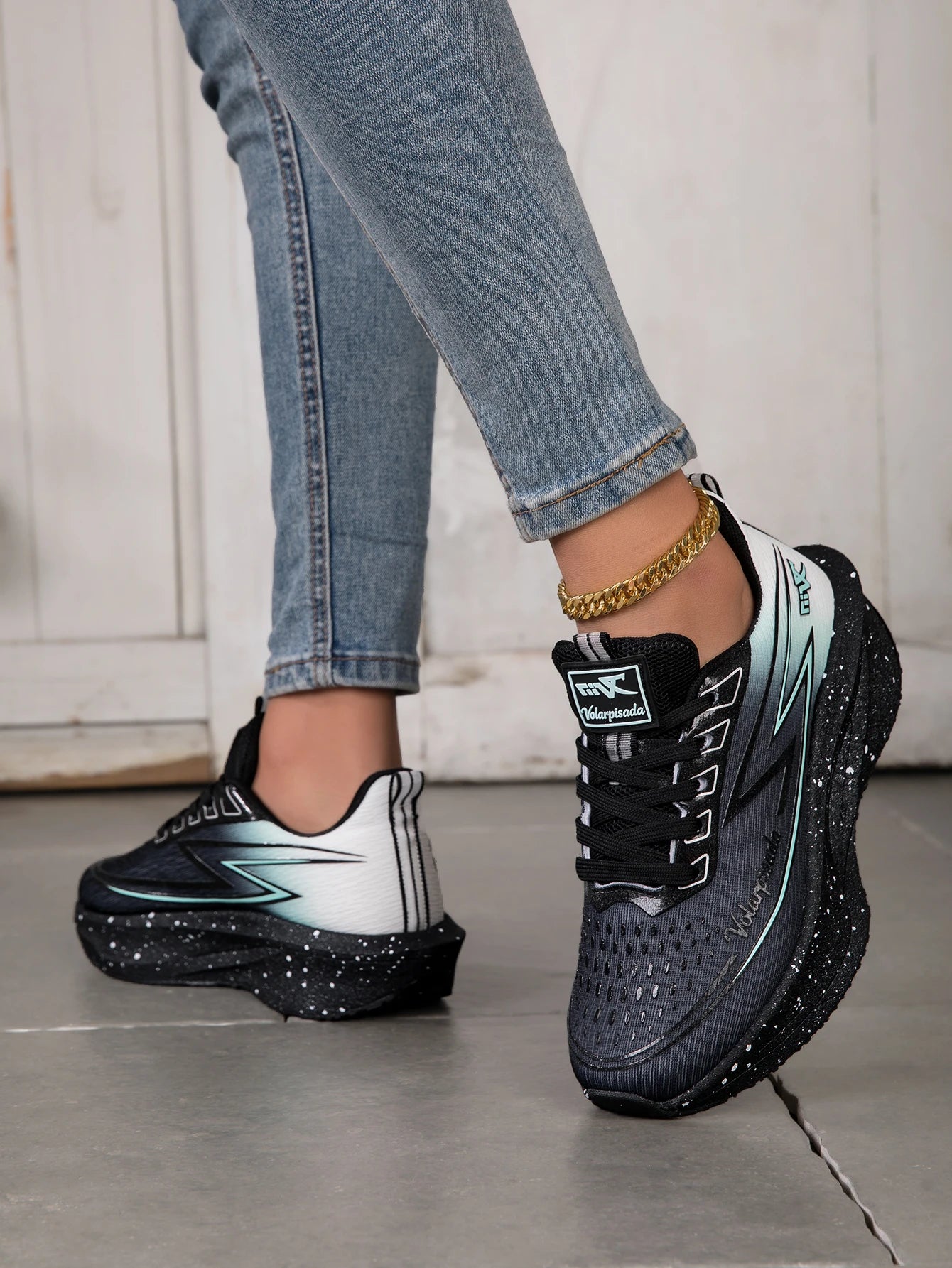 Women Gradient Lightning Print Running Sneakers Breathable/Flying Weave Mesh Light Cushion Non Slip Shock Absorb Athletic Shoes