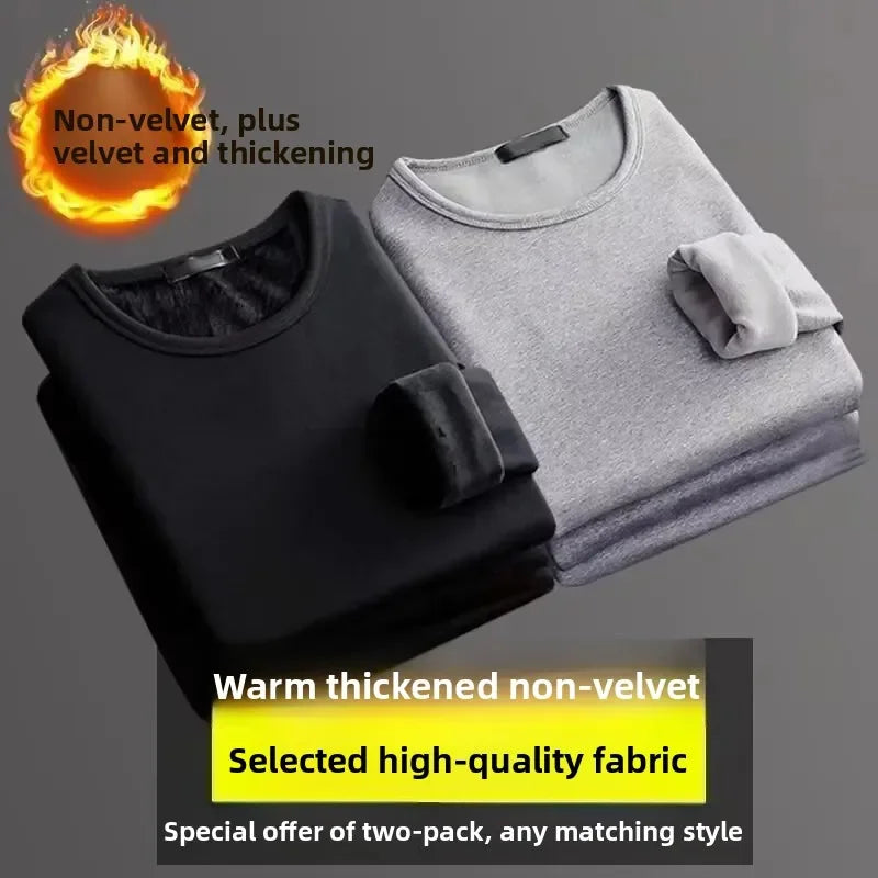 Men's Long Sleeve Thermal Underwear Fleece Lined Thick T-Shirt/round Neck Slim Fit Base Shirt Pure Color Inner Wear Autumn Top