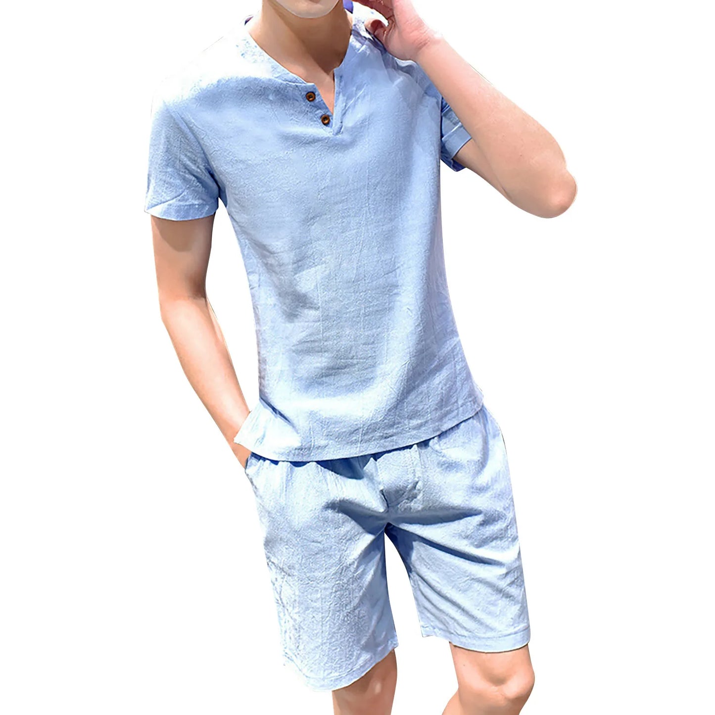 Men's Short Sleeve And Shorts Set Summer Cotton/Linen Solid Color T Shirt 2 Piece Suit Mens T Shirt