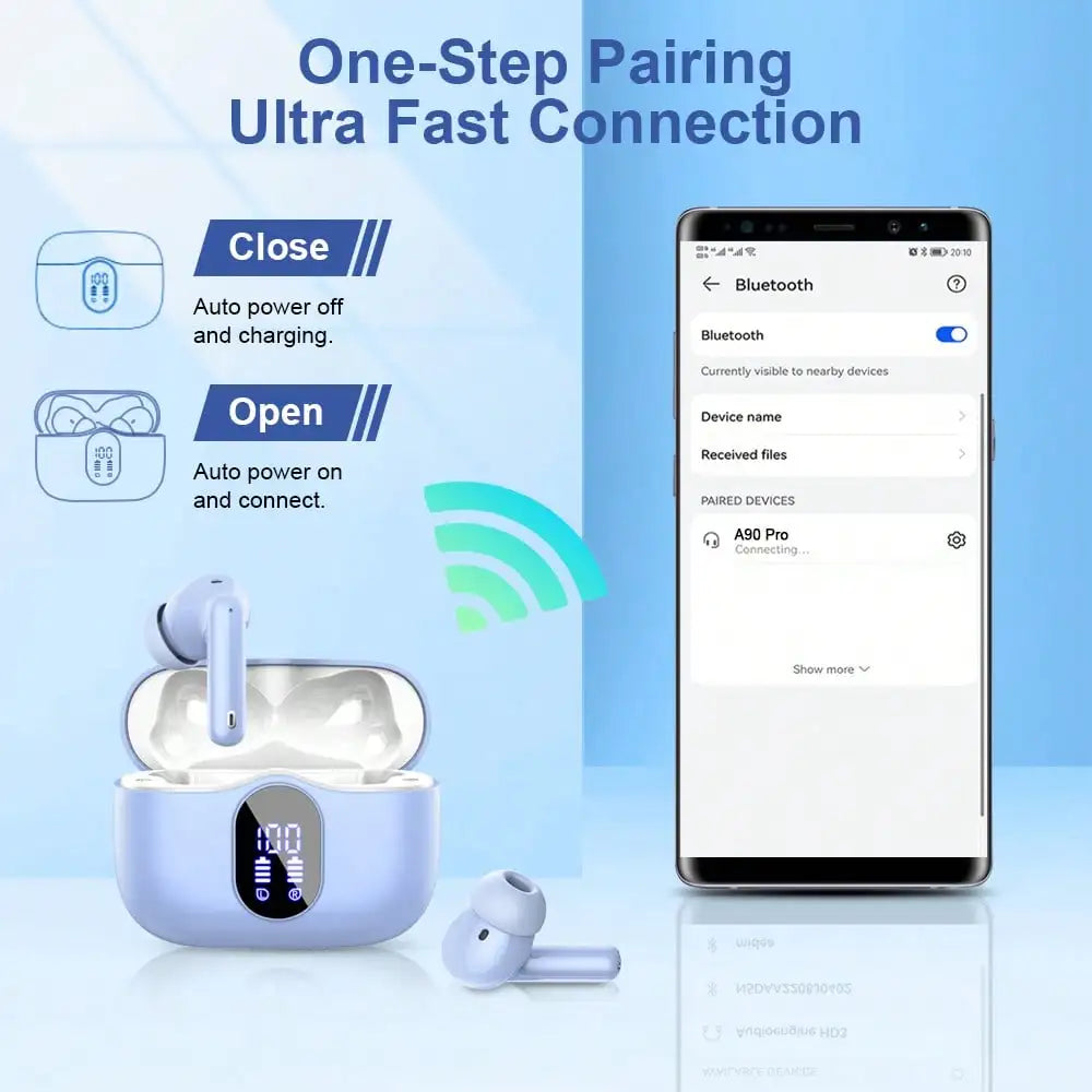 Ordtop Wireless Earbuds Bluetooth Headphones 48H Playtime Ear Buds/With LED Power Display, IPX7 Waterproof Bluetooth 5.4 Earphones