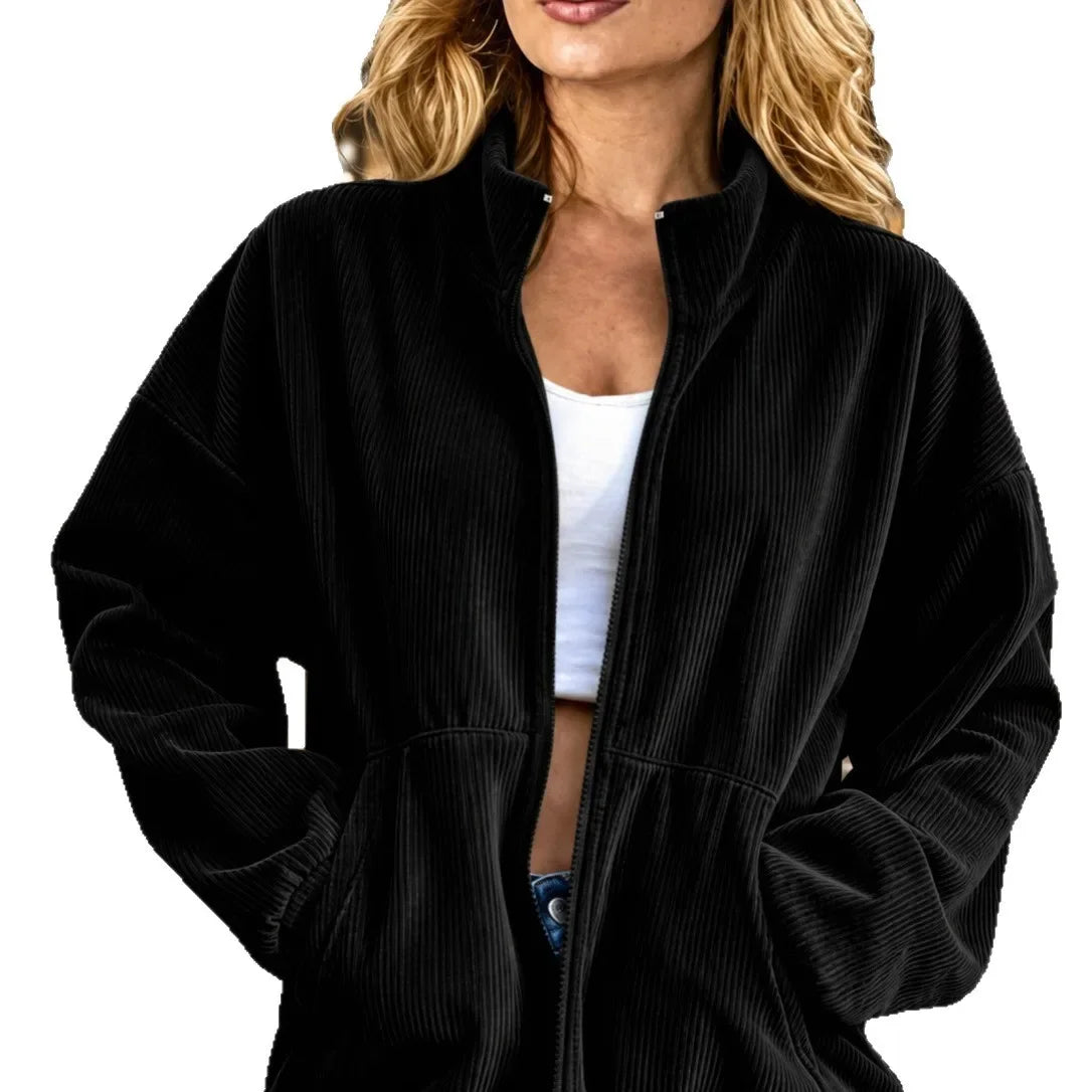 Fall/Winter Corduroy Women's Jacket/Loose Stand Collar Zipper Coat Workwear for Women