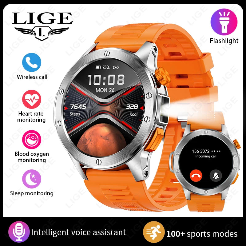 LIGE Sports Smart Watch Men LED Flashlight IP68 Waterproof/Bluetooth Call Health Watches Voice Assistant Military Smartwatch Men