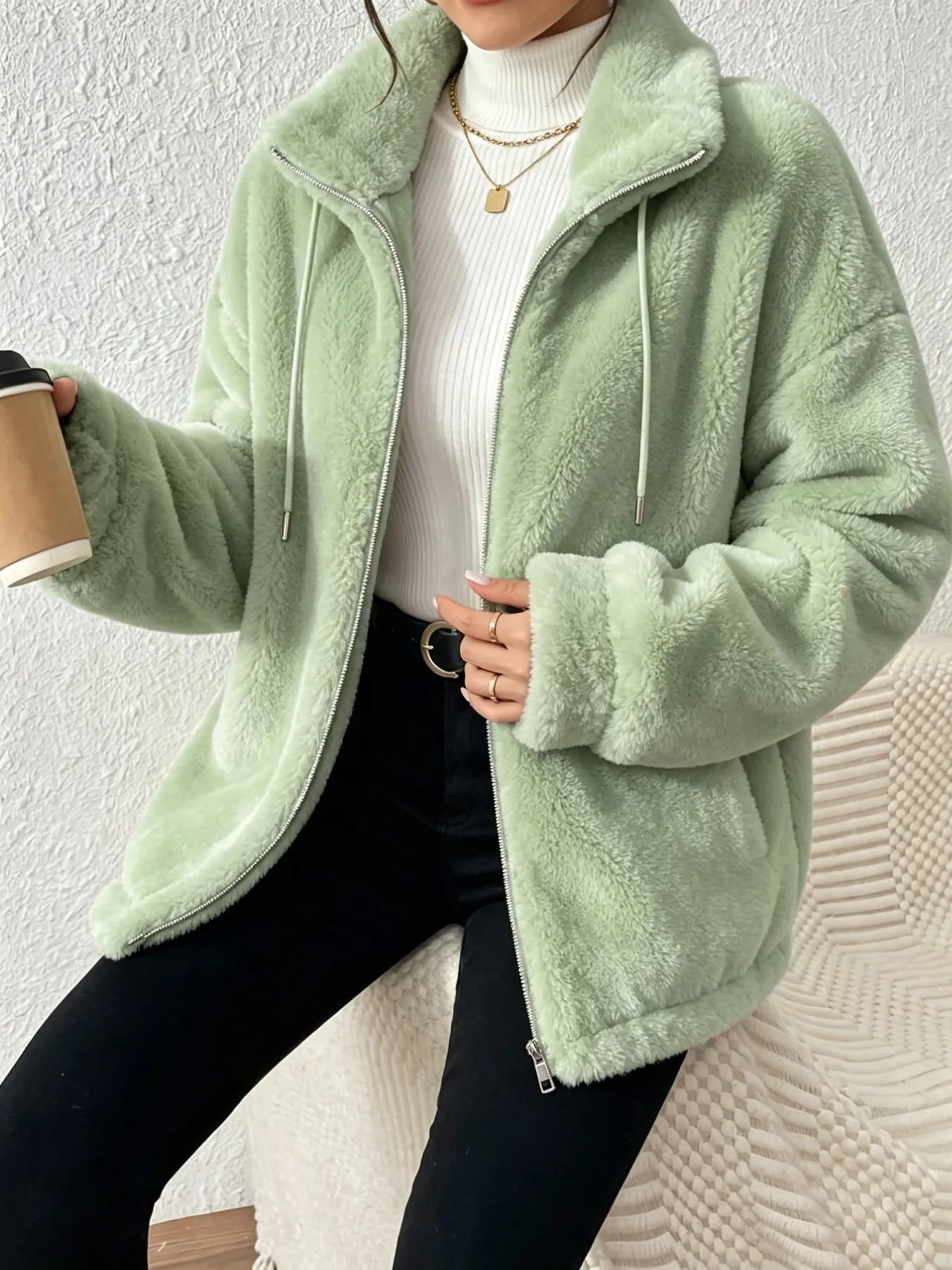Women Fuzzy Fleece Zip Up Jacket Stand Collar Drawstring Loose/Oversized Coat Warm Plush Winter Outerwear Casual Streetwear