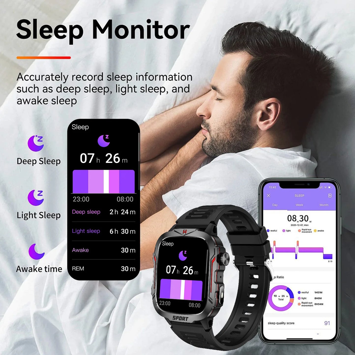 Strong Flashlight Smart Watch for Men/Women, 1.96'' Screen Fitness Tracker/with AI Voice Assistant/ Bluetooth Call/ 100+Sports