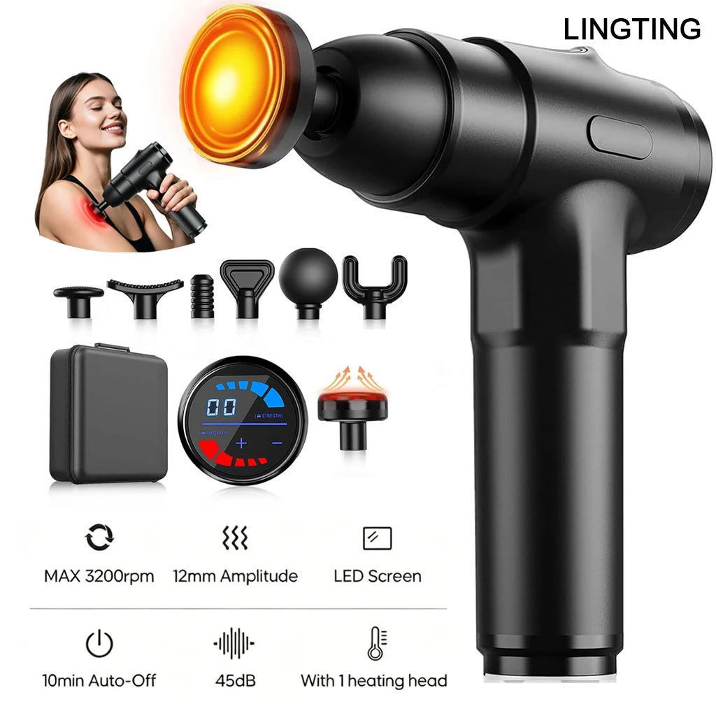 LINGTENG Heating Massage Gun Deep Tissue Massage Gun/Back and Neck Massager Muscle Percussion Massager Silent Fascia Gun