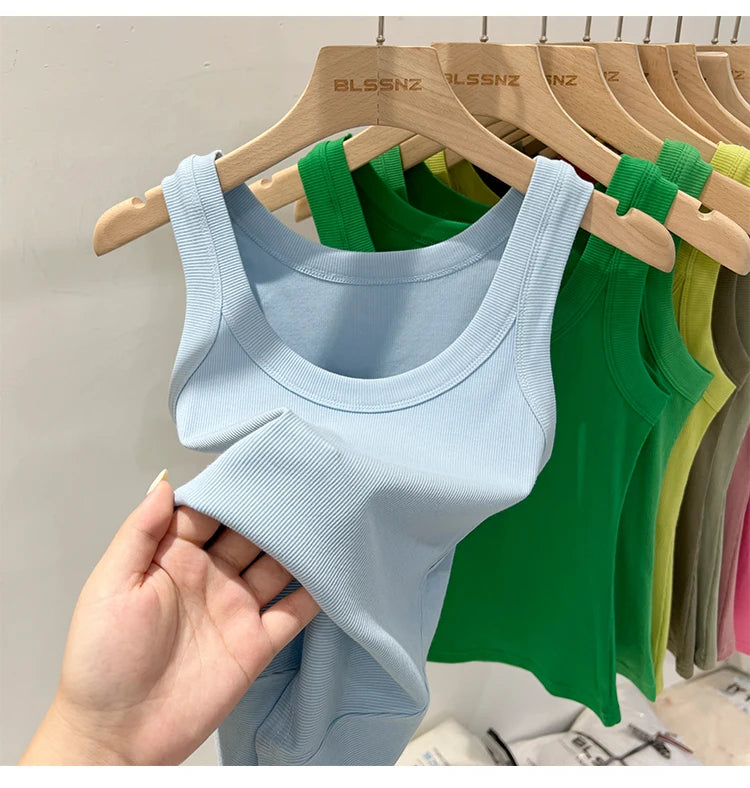 zjaiss Women Solid Round Neck Ribbed Tank Top Camisole Women/Summer Basic Elastic Tank Top O Neck Solid Tank Top