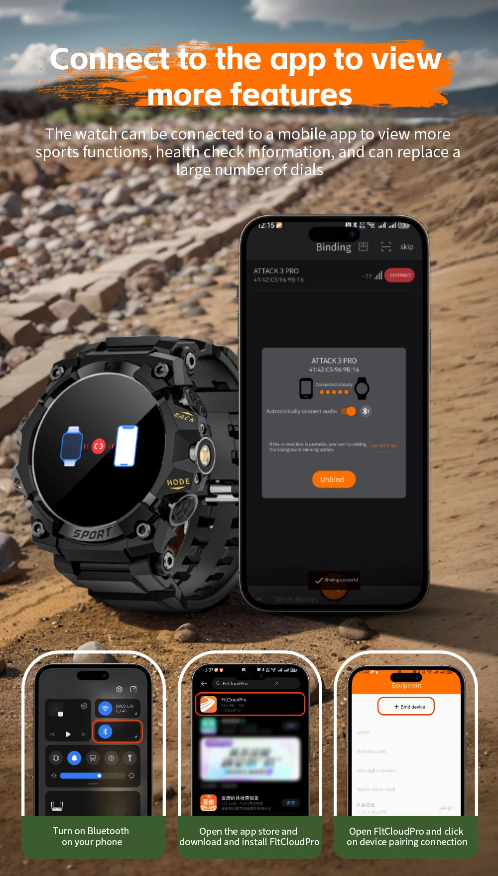 LOKMAT New Rugged Smart Watch Bluetooth Calls Wristband/Fitness Tracker Flashlight Message Push Heart Rate Monitor for Phone