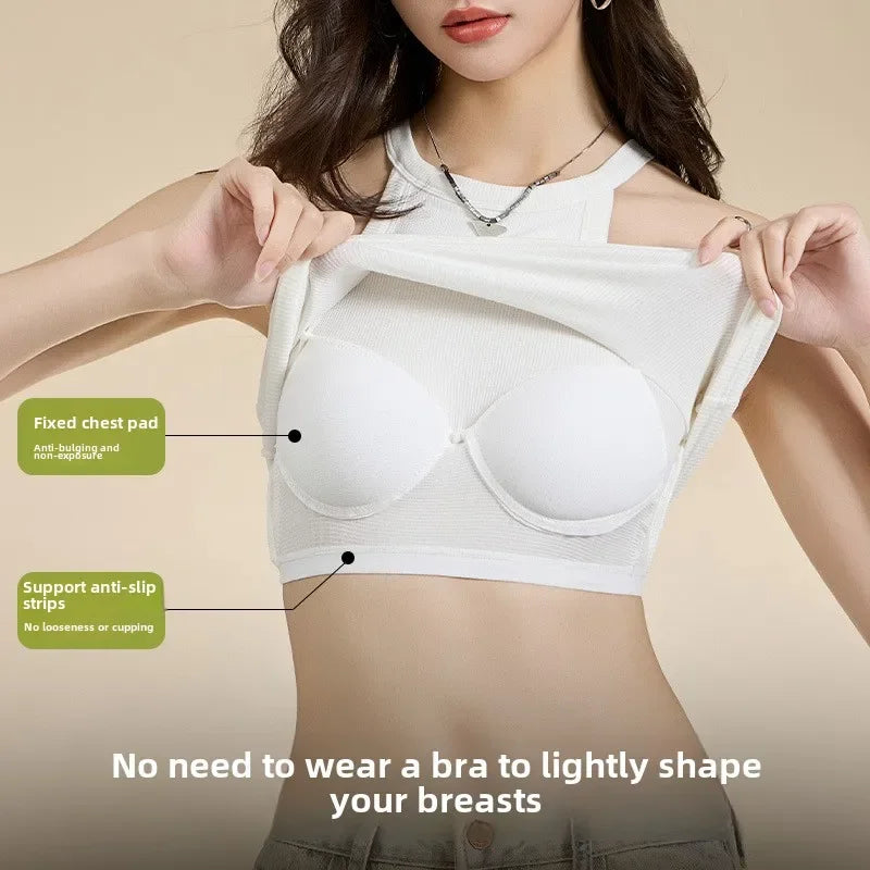 Threaded Halter Neck Camisole Top With Build-in Bra High Elastic/Slim-fitting Sling Fixed Cup Breathable Women Tank top