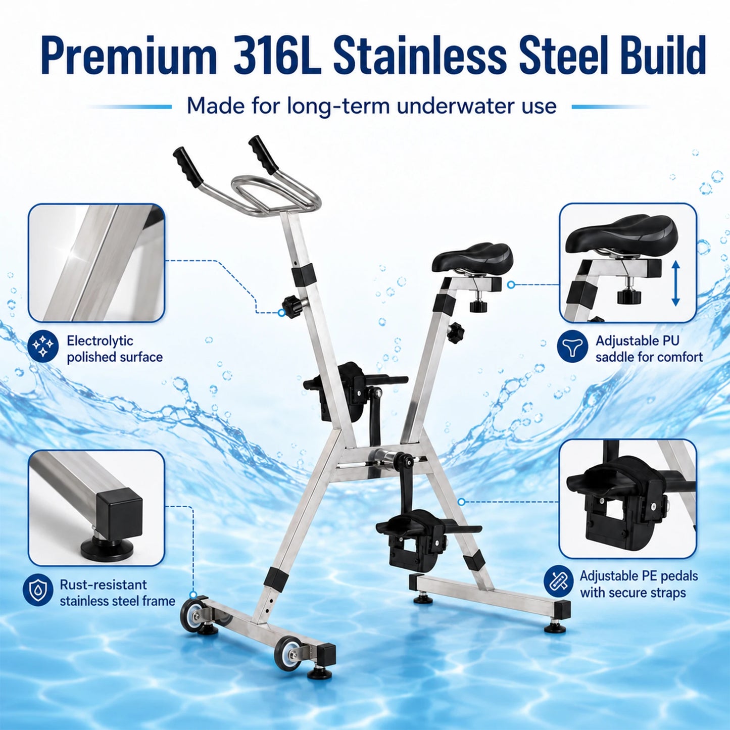 Aquatic Bike Pool Exercise Water Bike/with 316 Stainless Steel Frame Adjustable Resistances Underwater Spin Bike