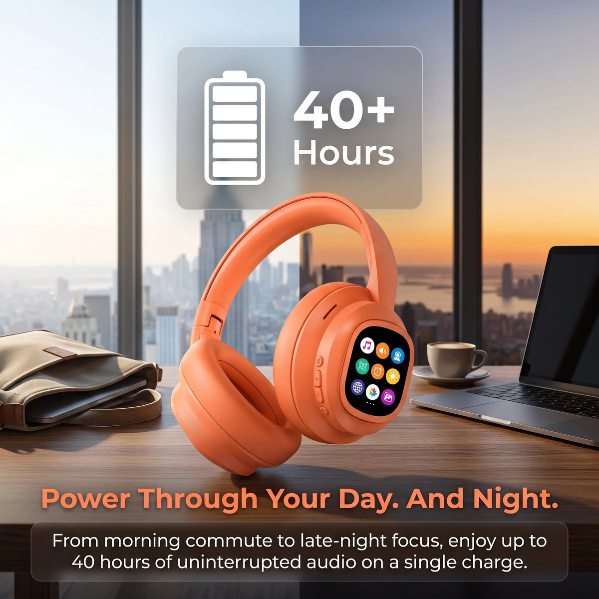 Over‑Ear Bluetooth Headphones with Detachable Magnetic Touch Screen/Noise Cancelling, Hi‑Fi Stereo Sound, Foldable Headphone for Phone