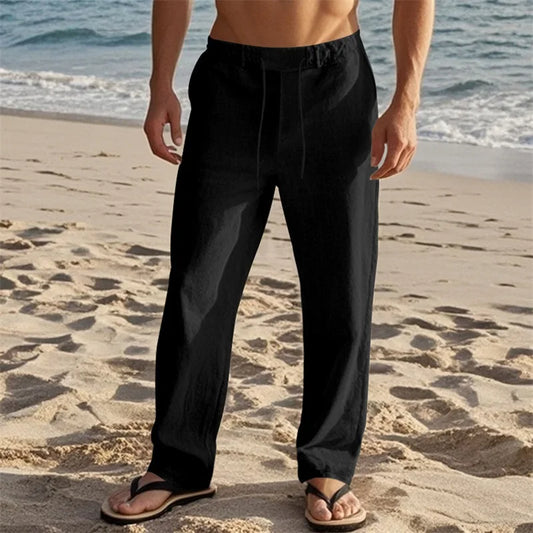 Men s Lightweight Drawstring Linen Pants with Pockets Comfortable/Straight Leg Casual Trousers for Summer Beach Wear