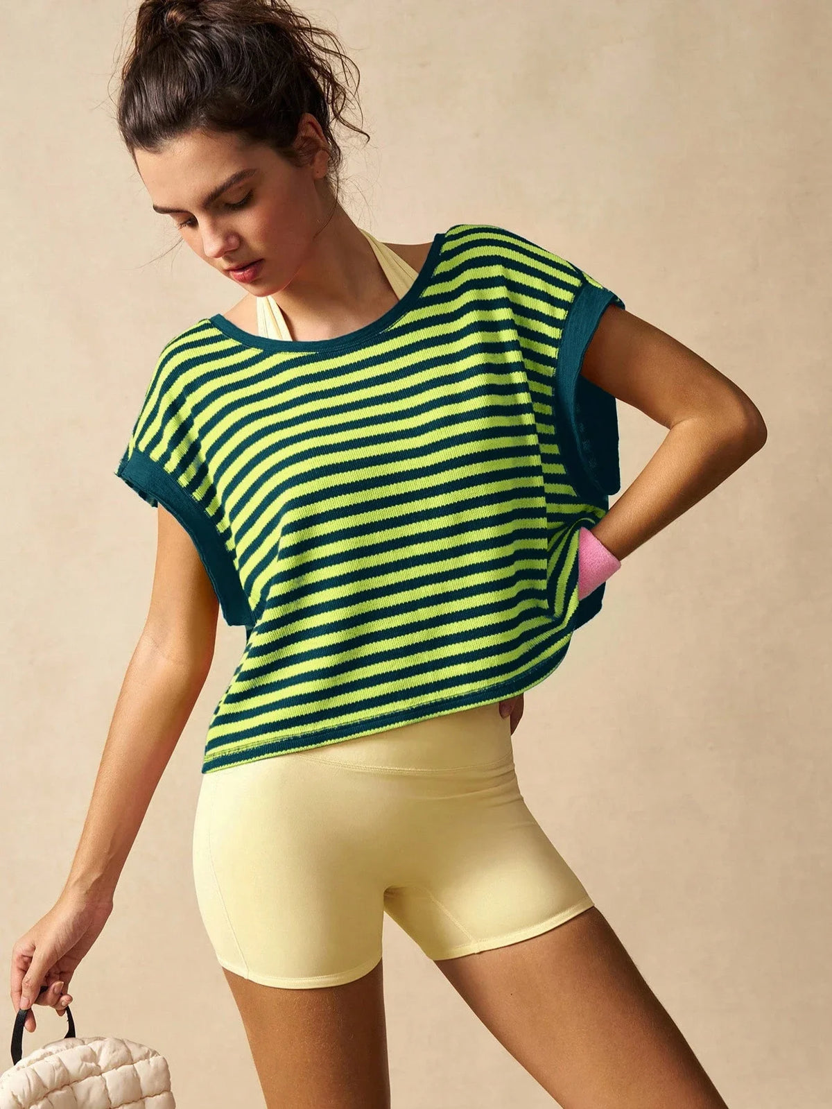 Women Striped Open Back Workout/Top Gym Crop Top Summer Active Wear Shirts