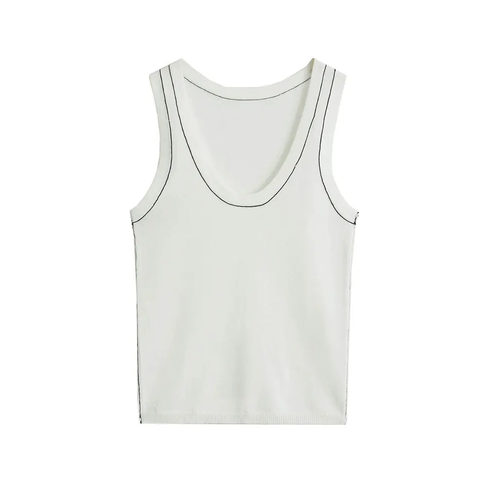 Women's Sleeveless Knit Tank Tops V Neck/Contrast Trims Female Vest Fashion