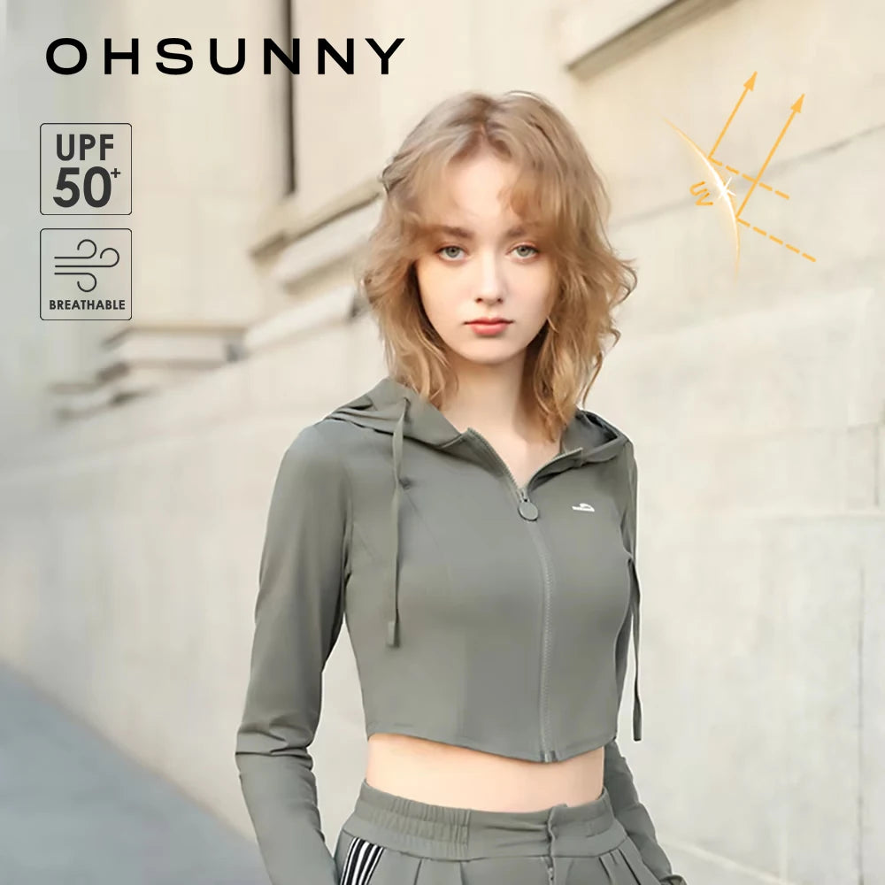 OhSunny Running Jacket for Women Summer UV Coat Fitness Top/Bomber Stretch Slim Clothing Sports Long-sleeved Hoodie Short