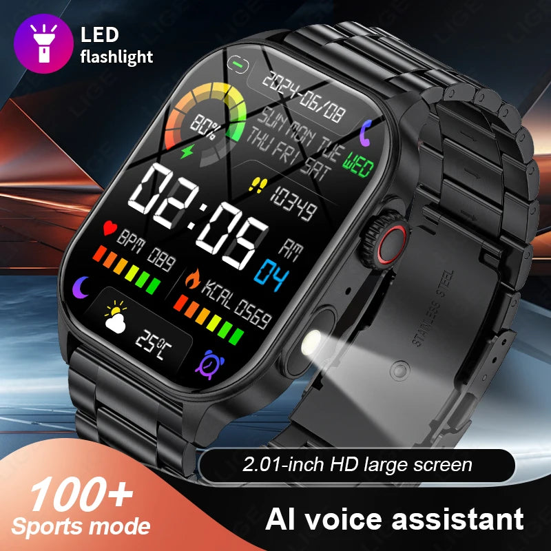 LIGE New Smart Watch LED Flashlight Military Sport Watches/2.01'' Screen Health Monitor Bluetooth Call Waterproof Smartwatch Men