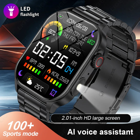 LIGE New Smart Watch LED Flashlight Military Sport Watches/2.01'' Screen Health Monitor Bluetooth Call Waterproof Smartwatch Men