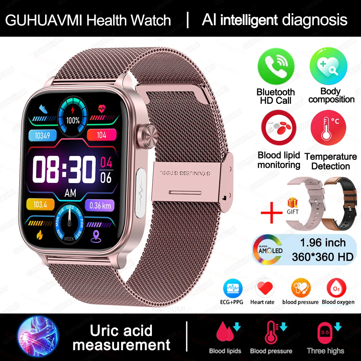 New Al Science Diagnosis Blood Lipids Uric Acid Blood Oxygen/Smart Watch Men ECG+PPG Voice Bluetooth Call Health Smartwatch