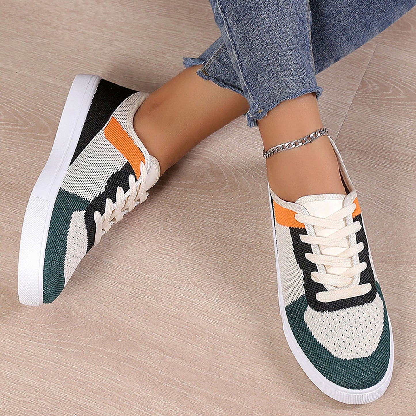 Women Casual Durable Low Heel Hiking Shoes Fashionable/Green Flat Round Toe Single Shoes Women Sneakers