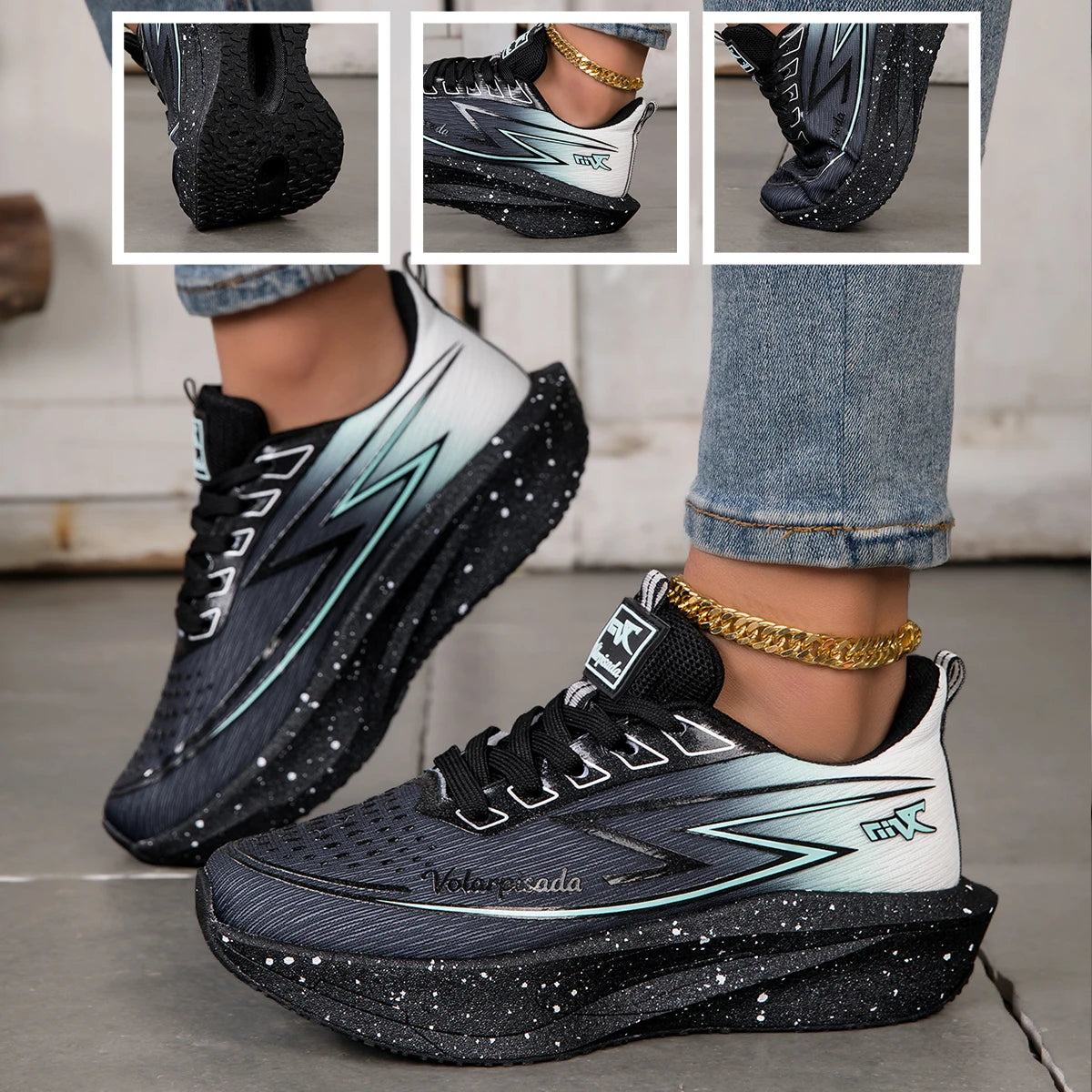 Women Gradient Lightning Print Running Sneakers Breathable/Flying Weave Mesh Light Cushion Non Slip Shock Absorb Athletic Shoes