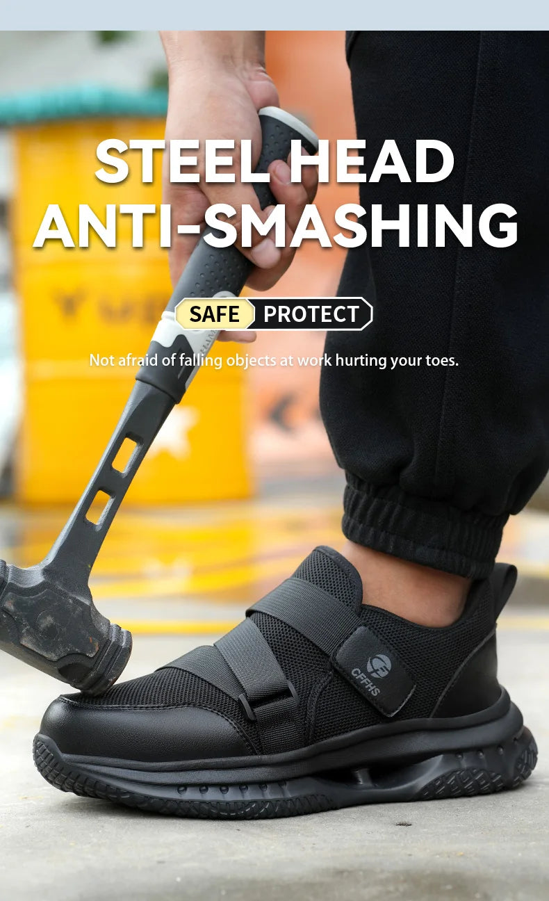 Velcro-Fastened Men's Breathable Casual/Work Safety Shoes with Impact and Puncture Resistance