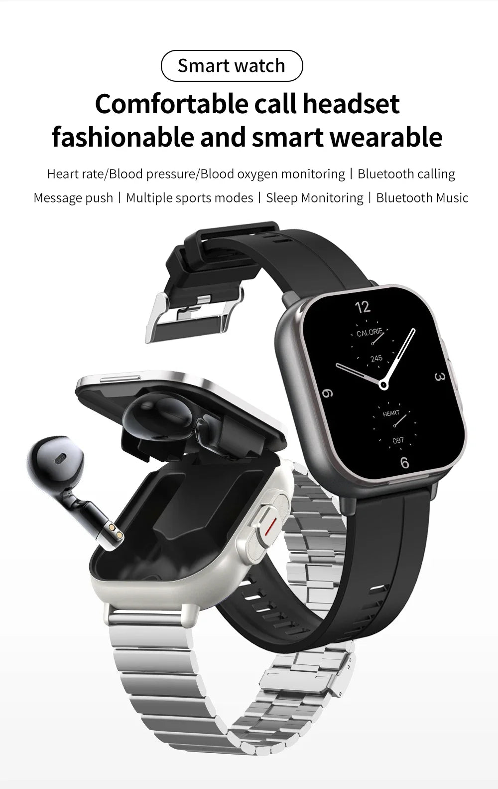 2025 D8 Smartwatch NFC Heart Rate Monitor Earbuds/Music Control Pedometer For iPhone Android