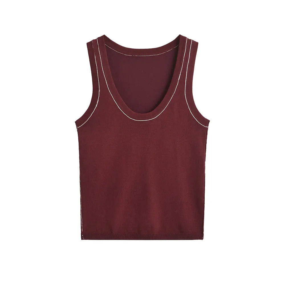 Women's Sleeveless Knit Tank Tops V Neck/Contrast Trims Female Vest Fashion