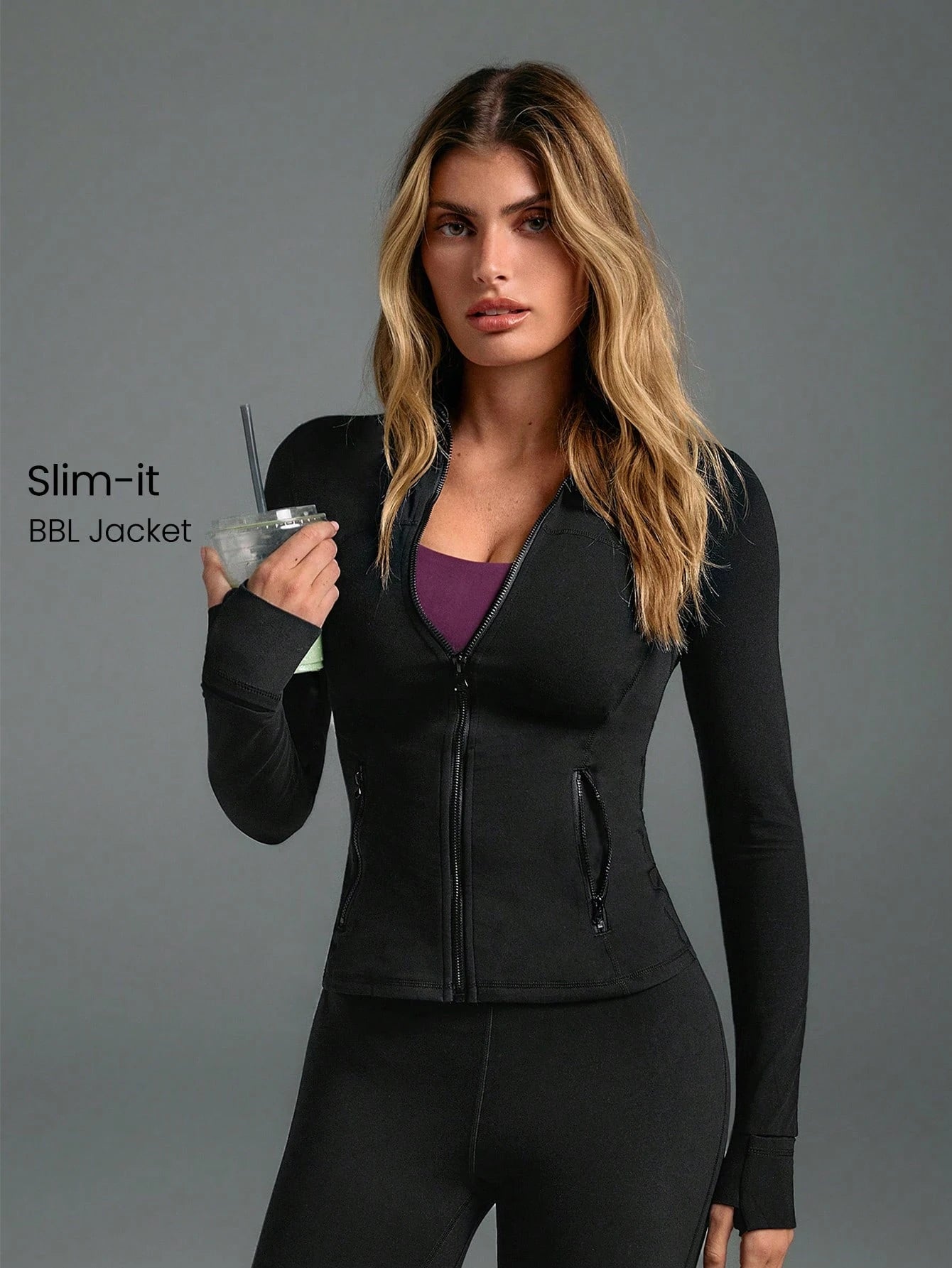Women's slim-fit full-zip sports jacket elastic breathable sports jacket/with thumb holes long-sleeve slim sports jacket