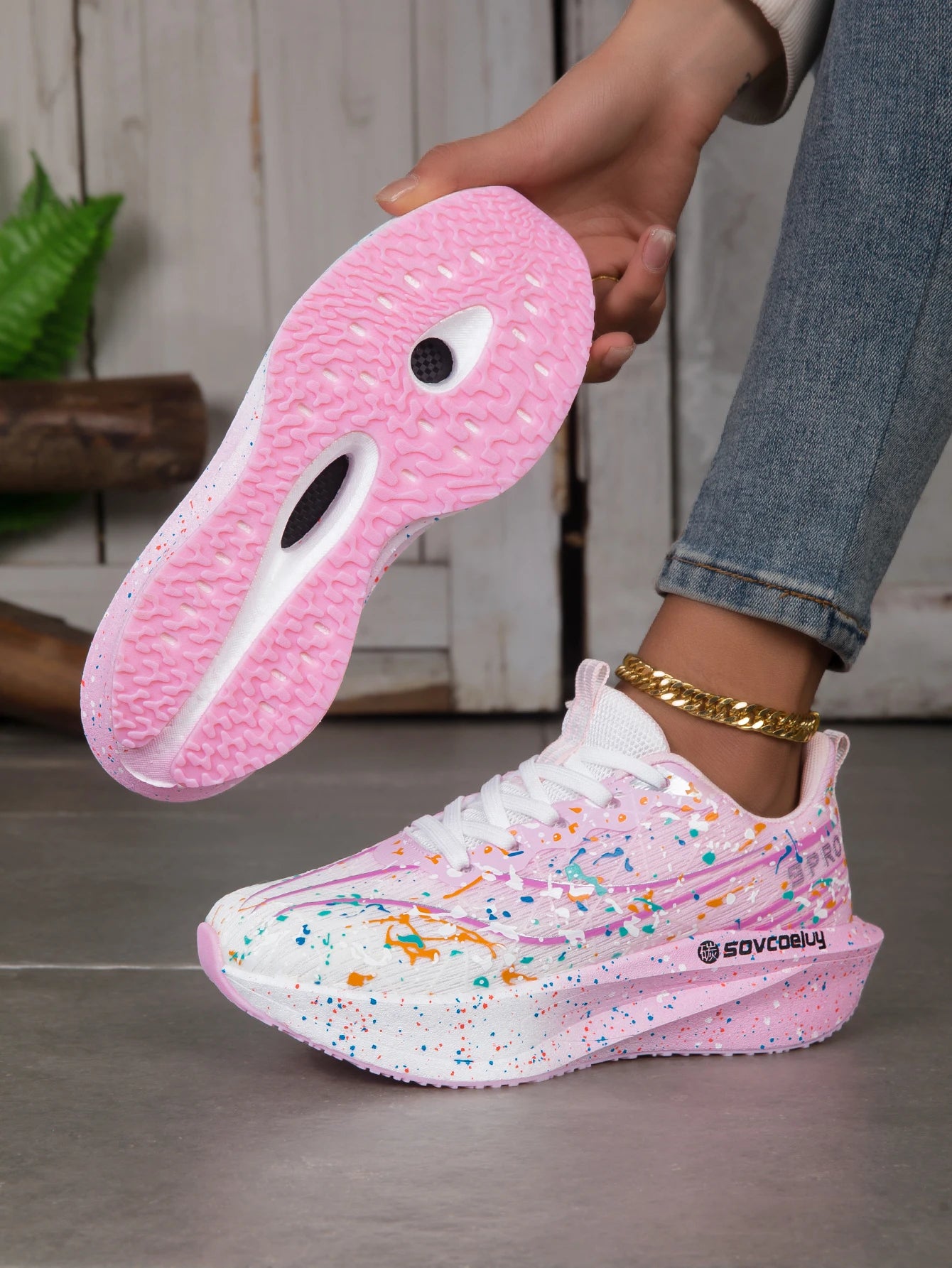 Women Splatter Paint Gradient Running Sneakers Breathable Flying Weave/Mesh Lightweight Shock Absorb Non Slip Fashion Athletic