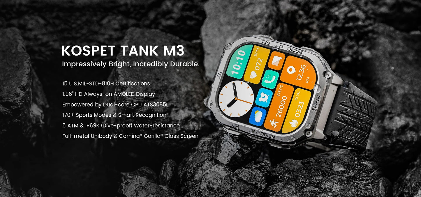 Original KOSPET TANK M3 Smart Watches For Men Smartwatch/480mAh Electronic Digital Fitness AMOLED AOD Bluetooth Watches