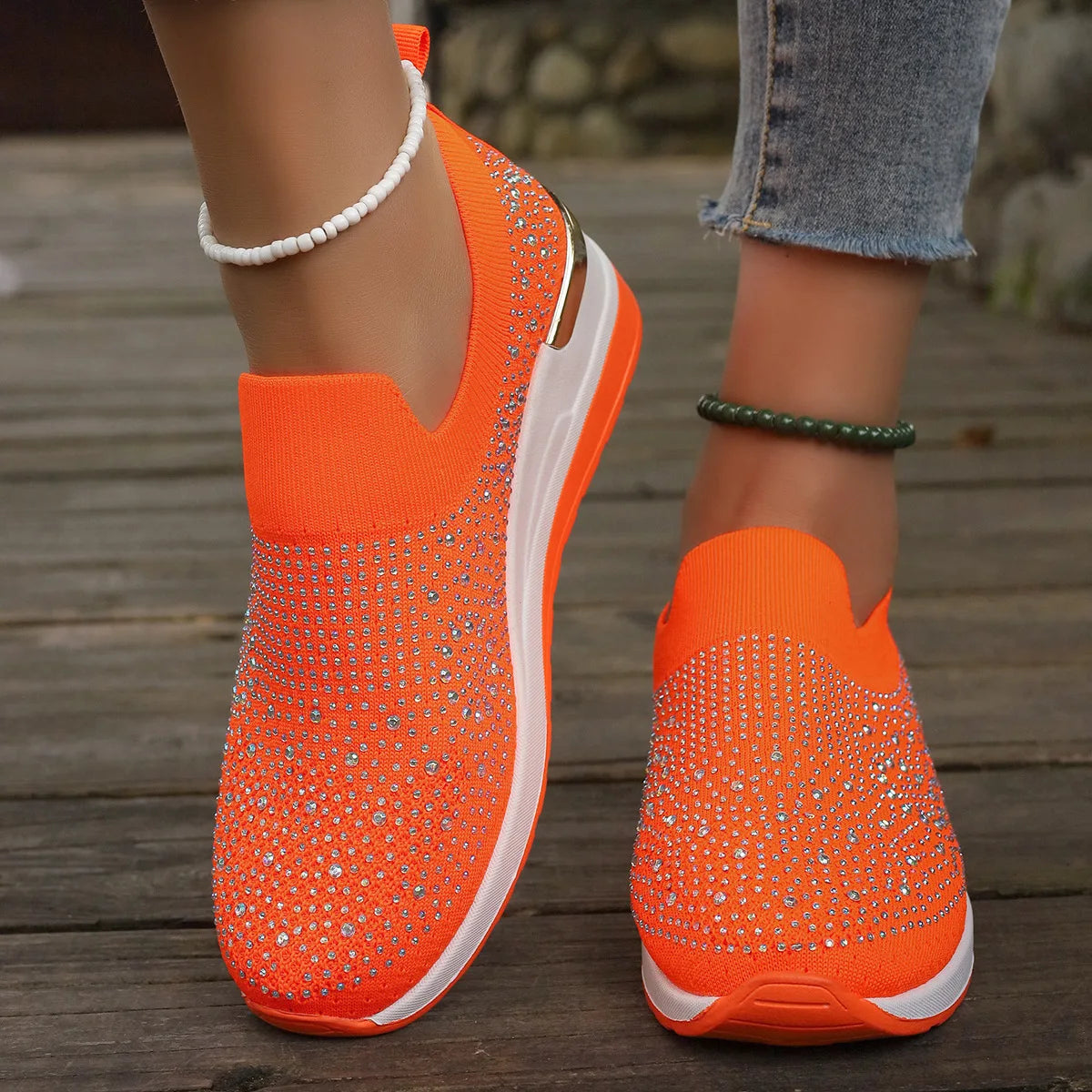 Orange Rhinestone Casual Sneakers Breathable Wedge Women/Lightweight Shoes Slip On New Comfortable Spring Mesh Sports Shoes