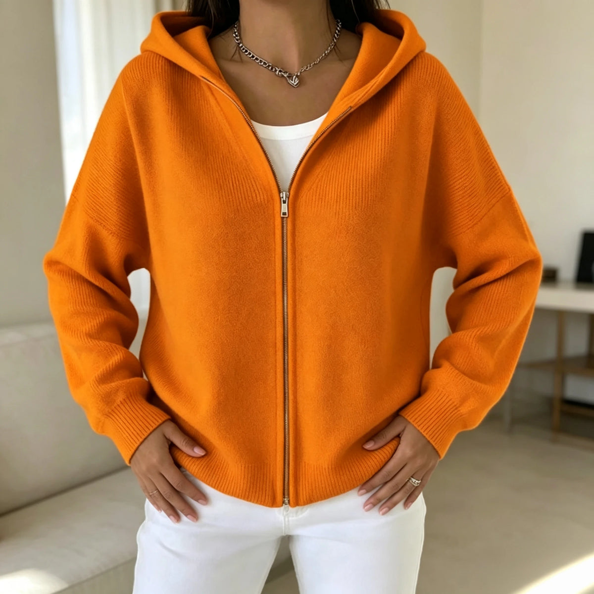 Women's Hooded Zip Up Knit Cardigan, Casual Long Sleeve Loose Sweater/Jacket With Pockets Fall Winter Solid Color Outwear