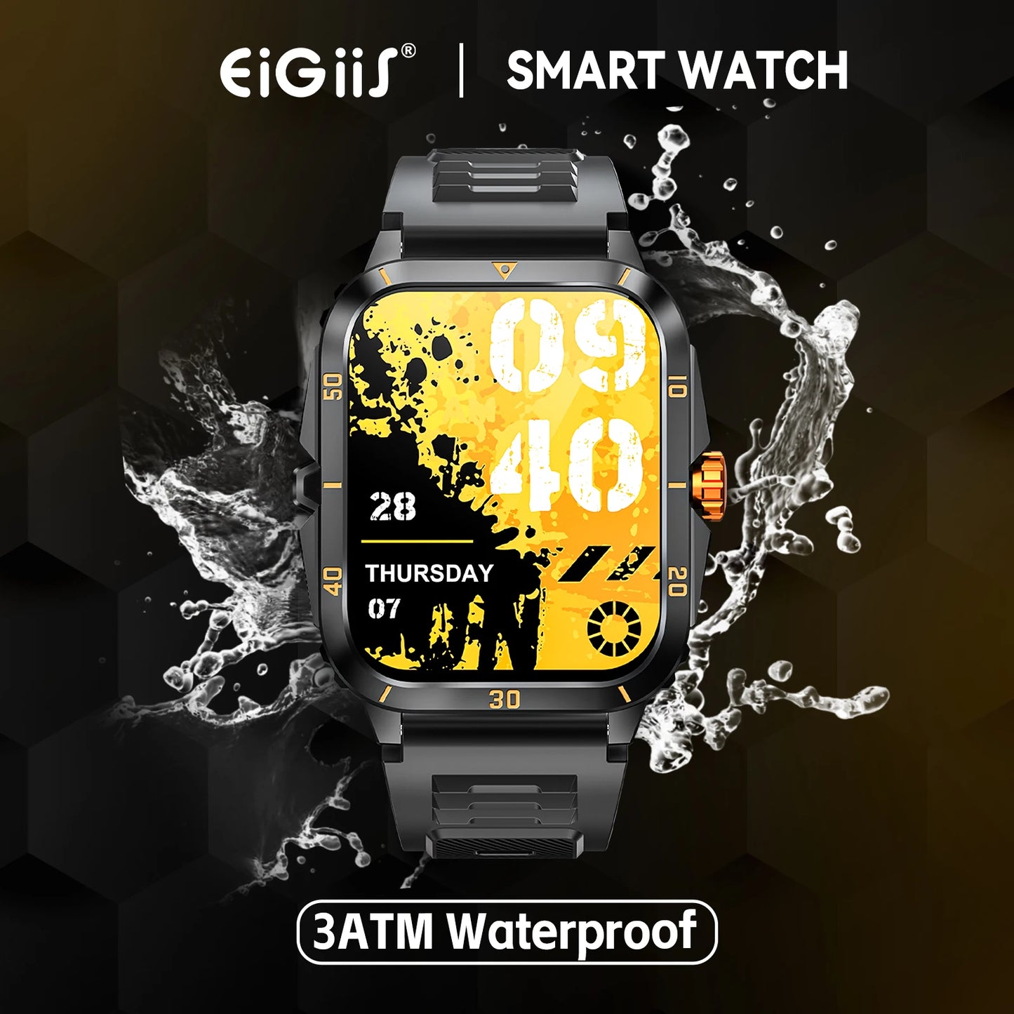 EIGIIS Smart Watch Waterproof 1.96" IPS Screen/Men 100+ Sport Mode Heart Rate Blood Pressure Bluetooth Call