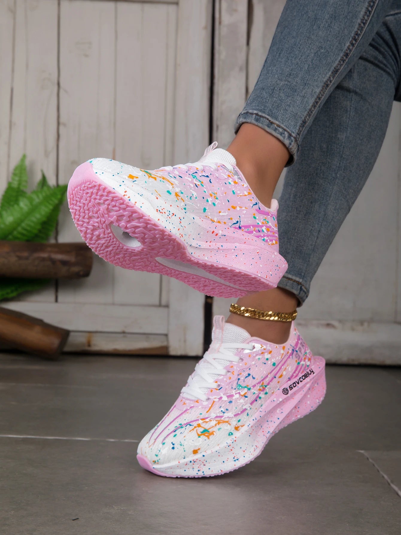 Women Splatter Paint Gradient Running Sneakers Breathable Flying Weave/Mesh Lightweight Shock Absorb Non Slip Fashion Athletic