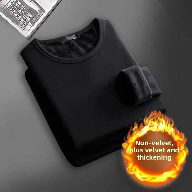 Men's Long Sleeve Thermal Underwear Fleece Lined Thick T-Shirt/round Neck Slim Fit Base Shirt Pure Color Inner Wear Autumn Top