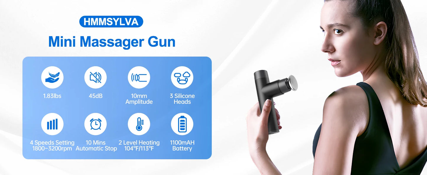 Mini Massage Gun, Percussion Deep Tissues Muscle with Heat/Portable Full-Metal Massage Gun with 3 Interchangeable Heads