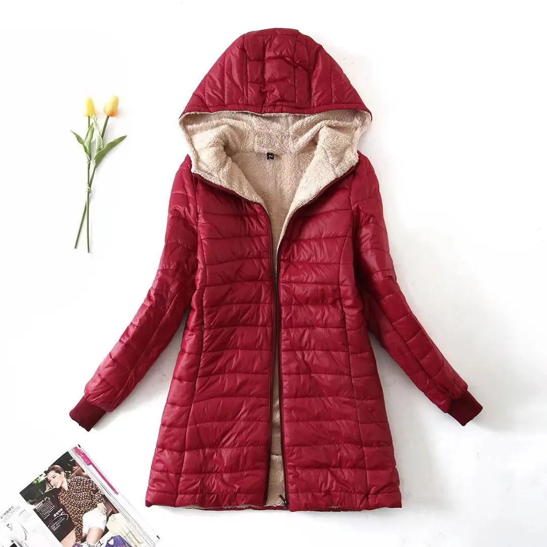 Solid Color Long Sleeve Hooded Zipper Women's Jackets/Autumn and Winter Mid-length Woman Cotton Coat Slim Fit Parka