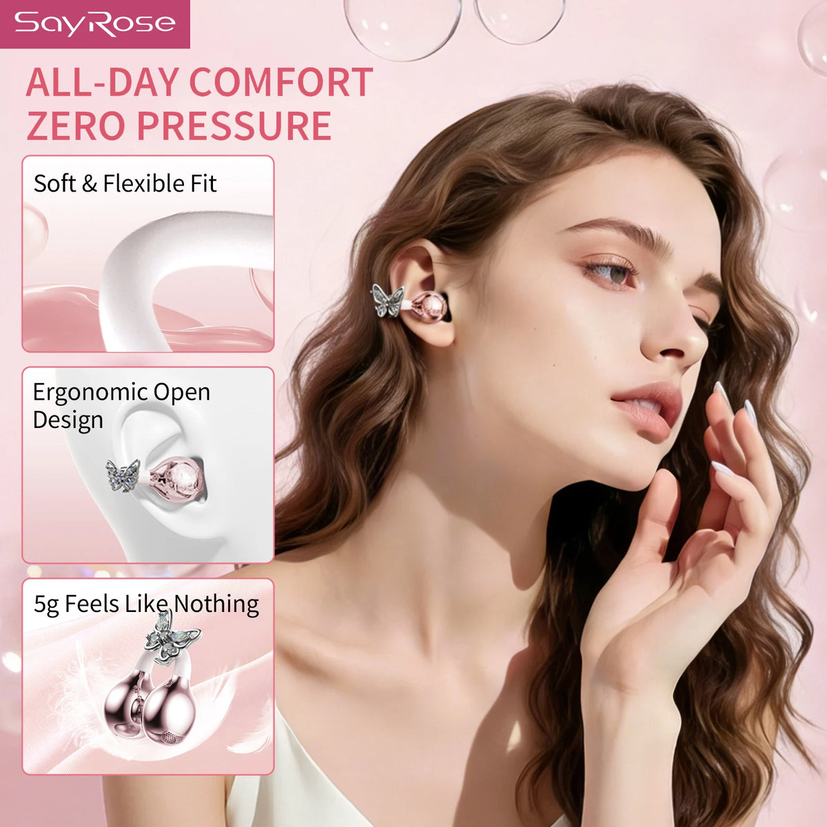 SayRose RJ-65 Fashion Open Ear Bluetooth Earbuds V5.4 ENC Call/Noise Reduction Bag Style Charging Case Wireless Headphones