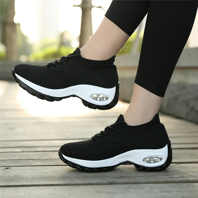 Women Casual Sports Shoes Mesh Breathable Thick Sole/Air Cushion Sneakers Anti-slip Lace-up Walking Shoes For Daily Outdoor Fitness